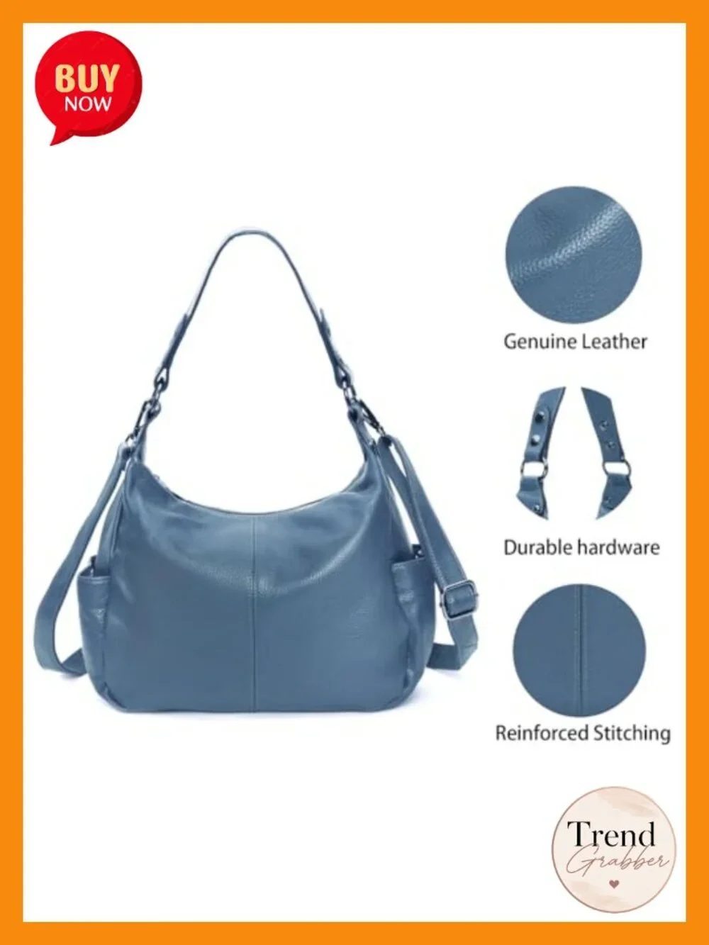 Genuine Leather Hobo Crossbody Shoulder Bag with Adjustable Strap